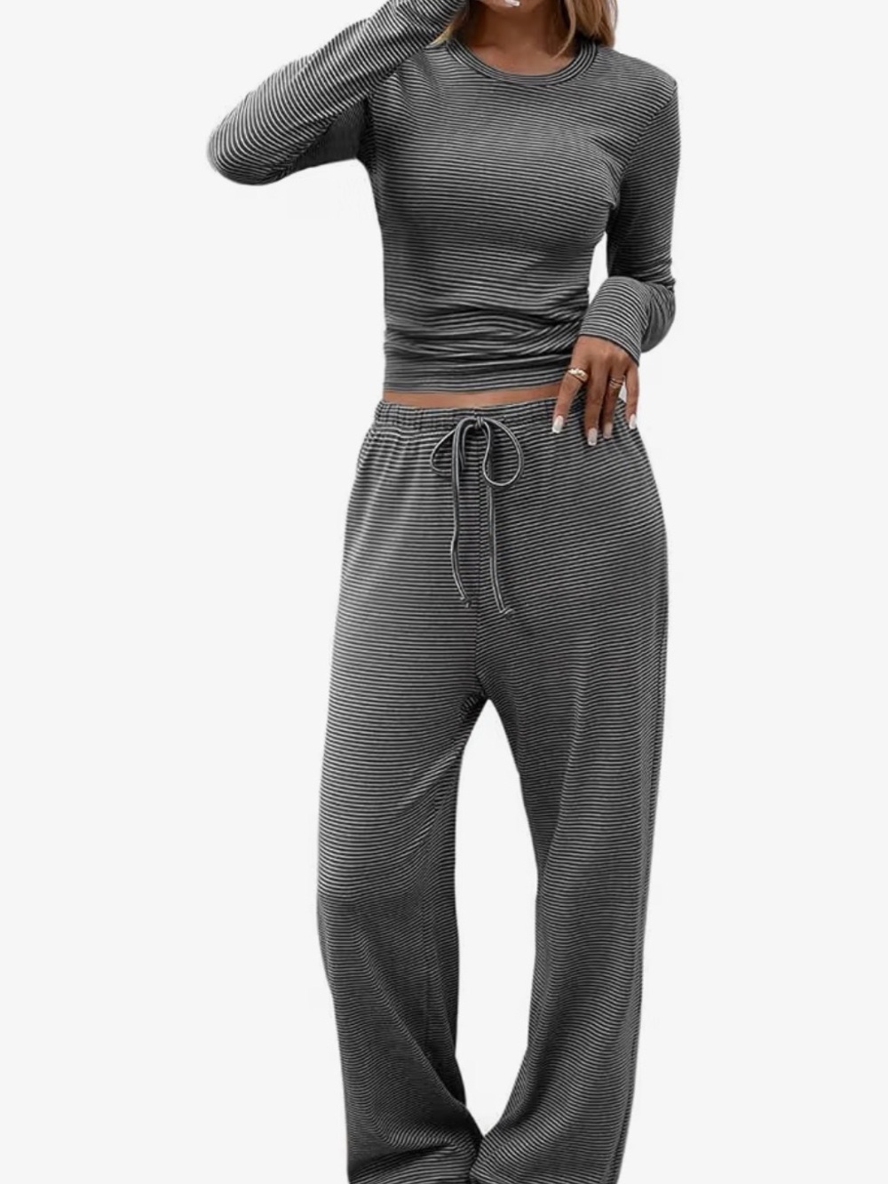 Striped Long-Sleeve Lounge Set - Black and White